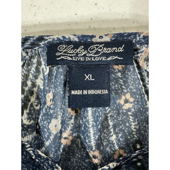 Lucky Brand Top Size XL Blue Sheer Swirl Paisley Boho Bohemian Tassel TIe Neck - Picture 3 of 8